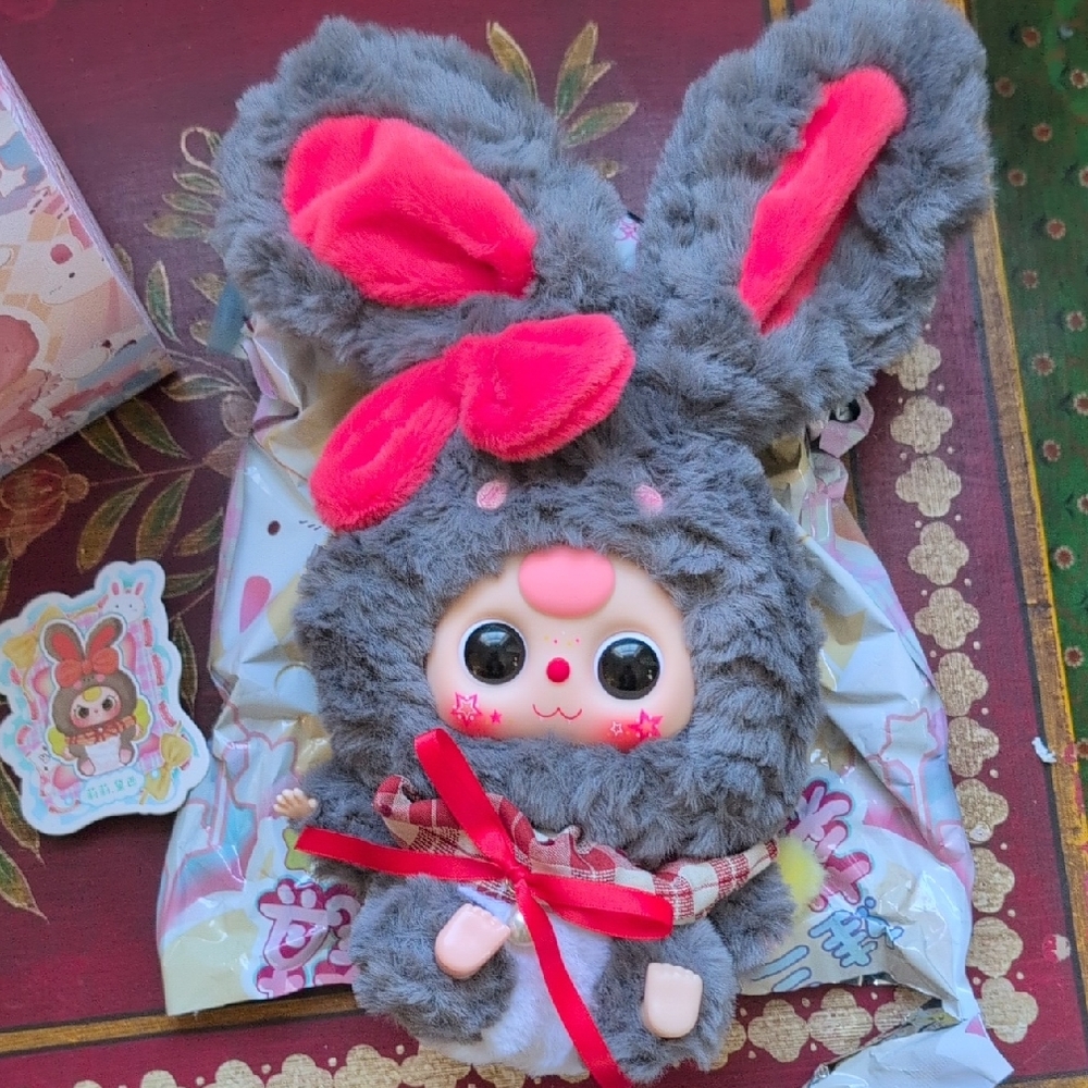 Gray Plush Bunny Doll with Hot Pink Accents